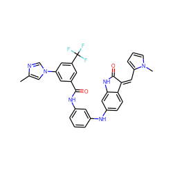 Cc1cn(-c2cc(C(=O)Nc3cccc(Nc4ccc5c(c4)NC(=O)/C5=C\c4cccn4C)c3)cc(C(F)(F)F)c2)cn1 ZINC000084705504