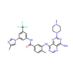Cc1cn(-c2cc(NC(=O)c3ccc(C)c(Nc4ncnc5c(N)nc(N6CCN(C)CC6)nc45)c3)cc(C(F)(F)F)c2)cn1 ZINC000148052019