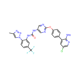 Cc1cn(-c2ccc(C(F)(F)F)cc2NC(=O)Nc2cnc(Oc3ccc(-c4cc(Cl)cnc4N)cc3)nc2)nn1 ZINC000221087252