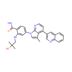 Cc1cn(-c2ccc(C(N)=O)c(NCC(C)(C)O)c2)c2nccc(-c3cnc4ccccc4c3)c12 ZINC000169703478