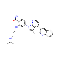 Cc1cn(-c2ccc(C(N)=O)c(NCCCNC(C)C)c2)c2nccc(-c3cnc4ccccc4c3)c12 ZINC000169703479