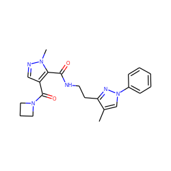 Cc1cn(-c2ccccc2)nc1CCNC(=O)c1c(C(=O)N2CCC2)cnn1C ZINC000144077740