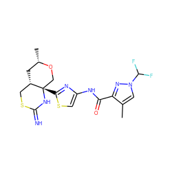 Cc1cn(C(F)F)nc1C(=O)Nc1csc([C@]23CO[C@@H](C)C[C@H]2CSC(=N)N3)n1 ZINC001772642386