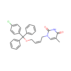 Cc1cn(C/C=C\COC(c2ccccc2)(c2ccccc2)c2ccc(Cl)cc2)c(=O)[nH]c1=O ZINC000035080006