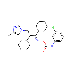 Cc1cn(C[C@H](/C(=N/OC(=O)Nc2cccc(Cl)c2)C2CCCCC2)C2CCCCC2)cn1 ZINC000058506825