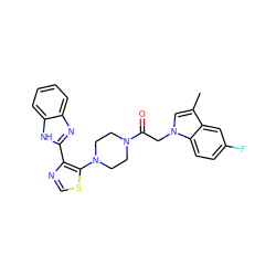 Cc1cn(CC(=O)N2CCN(c3scnc3-c3nc4ccccc4[nH]3)CC2)c2ccc(F)cc12 ZINC000143755244