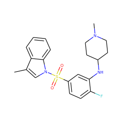 Cc1cn(S(=O)(=O)c2ccc(F)c(NC3CCN(C)CC3)c2)c2ccccc12 ZINC000095575722