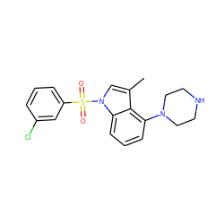 Cc1cn(S(=O)(=O)c2cccc(Cl)c2)c2cccc(N3CCNCC3)c12 ZINC000028523764