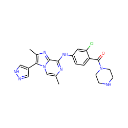 Cc1cn2c(-c3cn[nH]c3)c(C)nc2c(Nc2ccc(C(=O)N3CCNCC3)c(Cl)c2)n1 ZINC000072125947