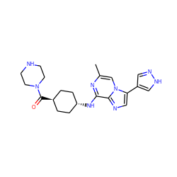 Cc1cn2c(-c3cn[nH]c3)cnc2c(N[C@H]2CC[C@H](C(=O)N3CCNCC3)CC2)n1 ZINC000253805147