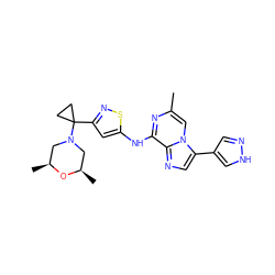 Cc1cn2c(-c3cn[nH]c3)cnc2c(Nc2cc(C3(N4C[C@H](C)O[C@H](C)C4)CC3)ns2)n1 ZINC000064513910