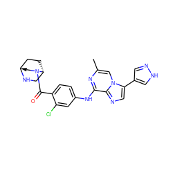 Cc1cn2c(-c3cn[nH]c3)cnc2c(Nc2ccc(C(=O)N3C[C@H]4CC[C@@H]3CN4)c(Cl)c2)n1 ZINC000072124777