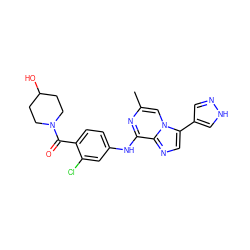 Cc1cn2c(-c3cn[nH]c3)cnc2c(Nc2ccc(C(=O)N3CCC(O)CC3)c(Cl)c2)n1 ZINC000072124314