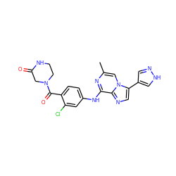 Cc1cn2c(-c3cn[nH]c3)cnc2c(Nc2ccc(C(=O)N3CCNC(=O)C3)c(Cl)c2)n1 ZINC000072125898