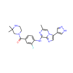 Cc1cn2c(-c3cn[nH]c3)cnc2c(Nc2ccc(C(=O)N3CCNC(C)(C)C3)cc2F)n1 ZINC000072122654