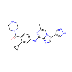 Cc1cn2c(-c3cn[nH]c3)cnc2c(Nc2ccc(C(=O)N3CCNCC3)c(C3CC3)c2)n1 ZINC000072124387