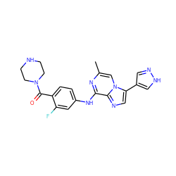 Cc1cn2c(-c3cn[nH]c3)cnc2c(Nc2ccc(C(=O)N3CCNCC3)c(F)c2)n1 ZINC000072124423