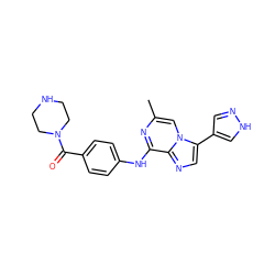 Cc1cn2c(-c3cn[nH]c3)cnc2c(Nc2ccc(C(=O)N3CCNCC3)cc2)n1 ZINC000072124422