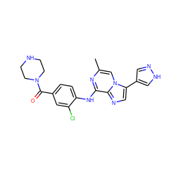 Cc1cn2c(-c3cn[nH]c3)cnc2c(Nc2ccc(C(=O)N3CCNCC3)cc2Cl)n1 ZINC000072125070