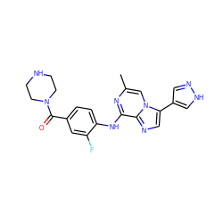 Cc1cn2c(-c3cn[nH]c3)cnc2c(Nc2ccc(C(=O)N3CCNCC3)cc2F)n1 ZINC000072123288