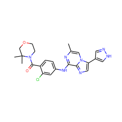 Cc1cn2c(-c3cn[nH]c3)cnc2c(Nc2ccc(C(=O)N3CCOCC3(C)C)c(Cl)c2)n1 ZINC000072124313