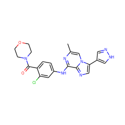 Cc1cn2c(-c3cn[nH]c3)cnc2c(Nc2ccc(C(=O)N3CCOCC3)c(Cl)c2)n1 ZINC000072124575