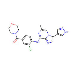 Cc1cn2c(-c3cn[nH]c3)cnc2c(Nc2ccc(C(=O)N3CCOCC3)cc2Cl)n1 ZINC000072124781