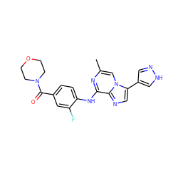 Cc1cn2c(-c3cn[nH]c3)cnc2c(Nc2ccc(C(=O)N3CCOCC3)cc2F)n1 ZINC000072123421