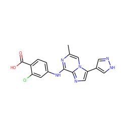 Cc1cn2c(-c3cn[nH]c3)cnc2c(Nc2ccc(C(=O)O)c(Cl)c2)n1 ZINC000072123238