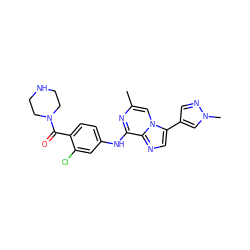 Cc1cn2c(-c3cnn(C)c3)cnc2c(Nc2ccc(C(=O)N3CCNCC3)c(Cl)c2)n1 ZINC000072125822