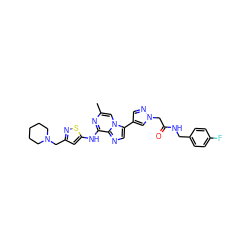 Cc1cn2c(-c3cnn(CC(=O)NCc4ccc(F)cc4)c3)cnc2c(Nc2cc(CN3CCCCC3)ns2)n1 ZINC000084596678