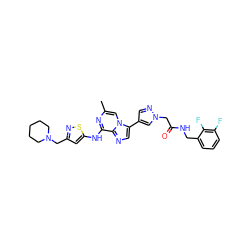 Cc1cn2c(-c3cnn(CC(=O)NCc4cccc(F)c4F)c3)cnc2c(Nc2cc(CN3CCCCC3)ns2)n1 ZINC000084619455