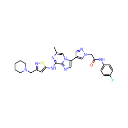 Cc1cn2c(-c3cnn(CC(=O)Nc4ccc(F)cc4)c3)cnc2c(Nc2cc(CN3CCCCC3)ns2)n1 ZINC000084632791