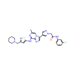 Cc1cn2c(-c3cnn(CC(=O)Nc4cccc(F)c4)c3)cnc2c(Nc2cc(CN3CCCCC3)ns2)n1 ZINC000084620009