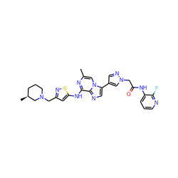 Cc1cn2c(-c3cnn(CC(=O)Nc4cccnc4F)c3)cnc2c(Nc2cc(CN3CCC[C@H](C)C3)ns2)n1 ZINC000084633503