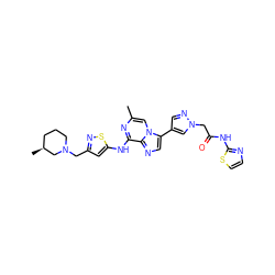 Cc1cn2c(-c3cnn(CC(=O)Nc4nccs4)c3)cnc2c(Nc2cc(CN3CCC[C@H](C)C3)ns2)n1 ZINC000084632799