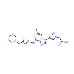 Cc1cn2c(-c3cnn(CC(N)=O)c3)cnc2c(Nc2cc(CN3CCCCC3)ns2)n1 ZINC000084616982