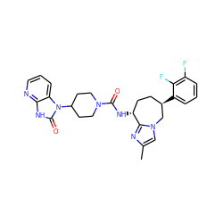 Cc1cn2c(n1)[C@H](NC(=O)N1CCC(n3c(=O)[nH]c4ncccc43)CC1)CC[C@@H](c1cccc(F)c1F)C2 ZINC000038257941