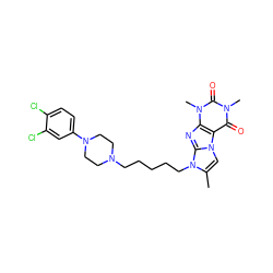 Cc1cn2c3c(=O)n(C)c(=O)n(C)c3nc2n1CCCCCN1CCN(c2ccc(Cl)c(Cl)c2)CC1 ZINC000299863769