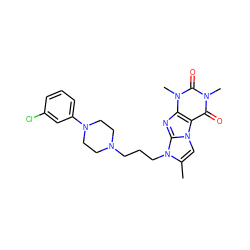 Cc1cn2c3c(=O)n(C)c(=O)n(C)c3nc2n1CCCN1CCN(c2cccc(Cl)c2)CC1 ZINC000010049531