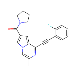 Cc1cn2cc(C(=O)N3CCCC3)cc2c(C#Cc2ccccc2F)n1 ZINC000029125208