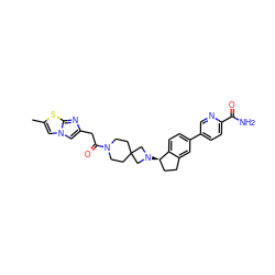 Cc1cn2cc(CC(=O)N3CCC4(CC3)CN([C@@H]3CCc5cc(-c6ccc(C(N)=O)nc6)ccc53)C4)nc2s1 ZINC000118910293