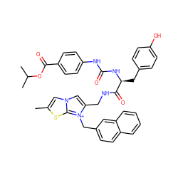 Cc1cn2cc(CNC(=O)[C@H](Cc3ccc(O)cc3)NC(=O)Nc3ccc(C(=O)OC(C)C)cc3)[n+](Cc3ccc4ccccc4c3)c2s1 ZINC000049614319