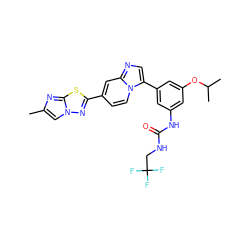 Cc1cn2nc(-c3ccn4c(-c5cc(NC(=O)NCC(F)(F)F)cc(OC(C)C)c5)cnc4c3)sc2n1 ZINC000169704705