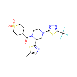 Cc1cnc([C@H]2CN(c3nnc(C(F)(F)F)s3)CCN2C(=O)C2CCS(=O)(=O)CC2)s1 ZINC001772627123