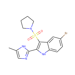 Cc1cnc(-c2[nH]c3ccc(Br)cc3c2S(=O)(=O)N2CCCC2)[nH]1 ZINC000029039009