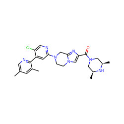 Cc1cnc(-c2cc(N3CCn4cc(C(=O)N5C[C@H](C)N[C@H](C)C5)nc4C3)ncc2Cl)c(C)c1 ZINC000169342745