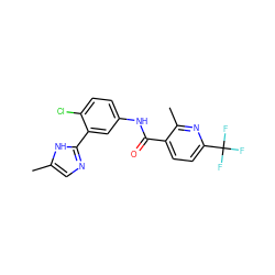 Cc1cnc(-c2cc(NC(=O)c3ccc(C(F)(F)F)nc3C)ccc2Cl)[nH]1 ZINC000045286011