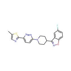 Cc1cnc(-c2ccc(N3CCC(c4noc5ccc(F)cc45)CC3)nn2)s1 ZINC000218765000