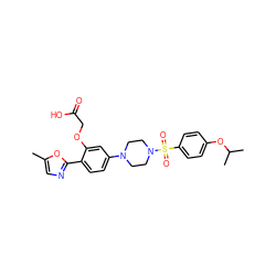 Cc1cnc(-c2ccc(N3CCN(S(=O)(=O)c4ccc(OC(C)C)cc4)CC3)cc2OCC(=O)O)o1 ZINC001772569855